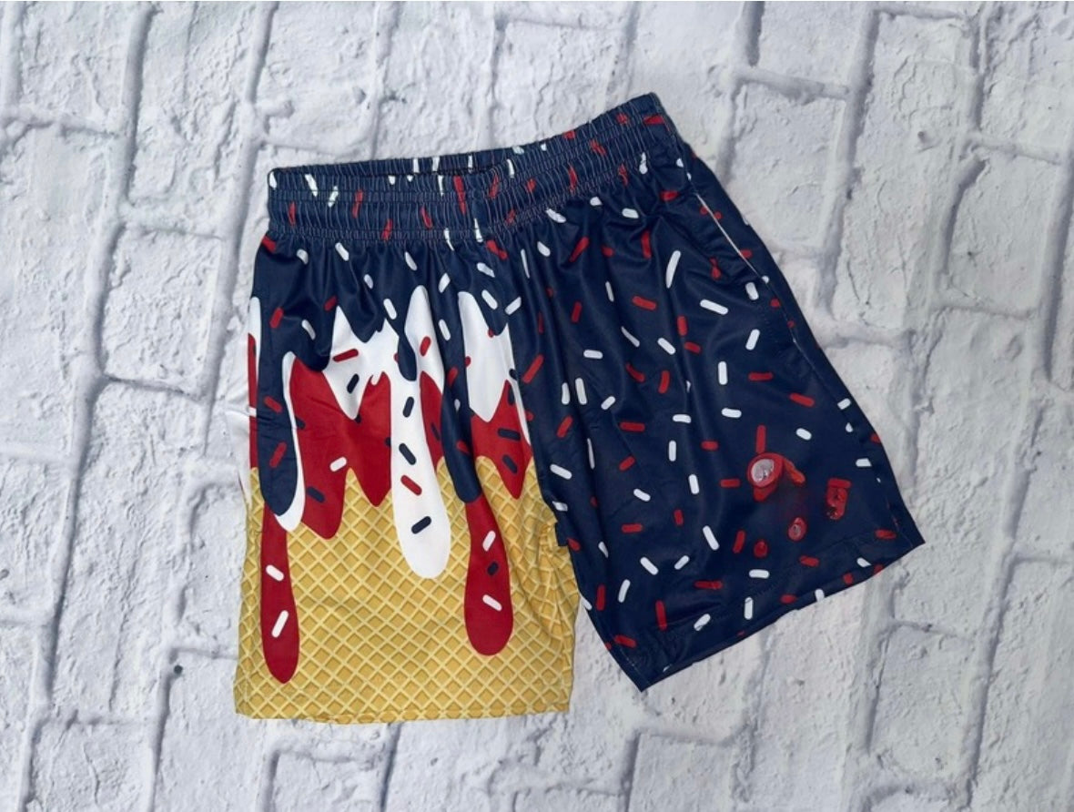 Navy-White-Red drip shorts- youth