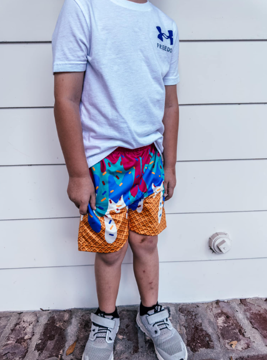 Kid in Parish Culture teal ice cream waffle cone shorts
