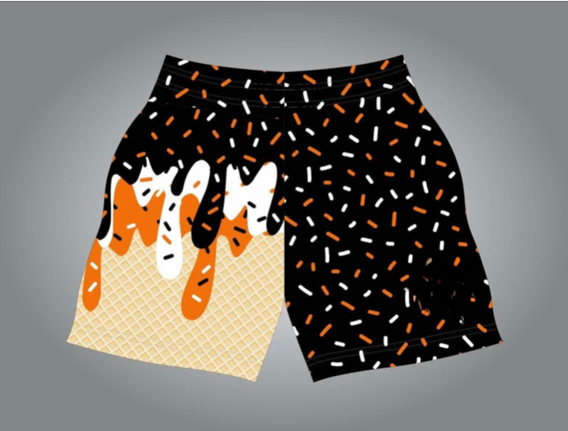 Black-white-orange drip shorts, adult